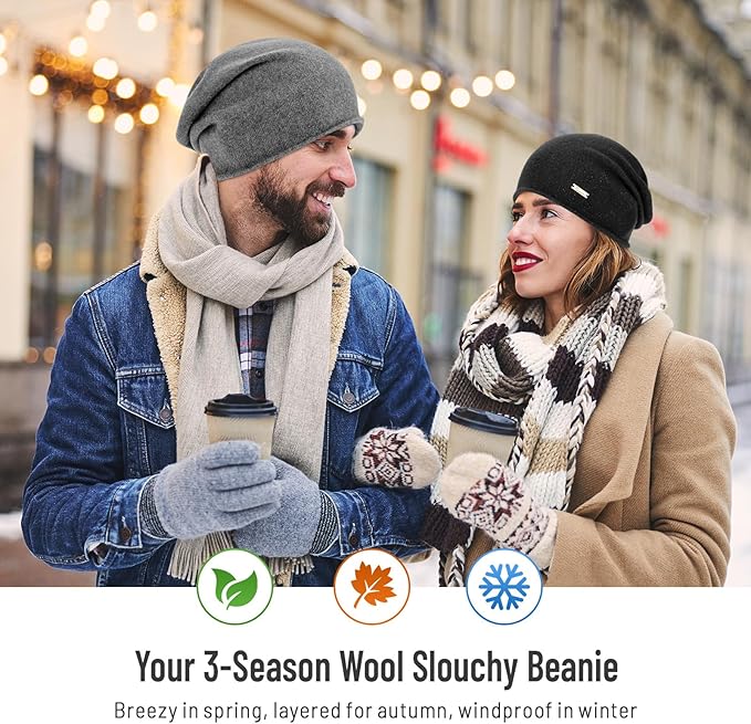 100% Wool Slouchy Beanie, Warm Beanie Hats for Women Breathable Knitting Skull Beanies Cap for Spring Fall Winter