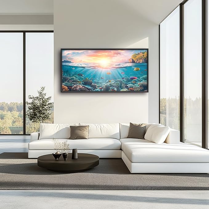 Ocean Fish Large Wall Art Framed Wall Decor for Living Room, Ocean Sunset Pictures Oversized Canvas Print Painting Modern Extra Large Framed Artwork for Bedroom Office Home Decor 60"x30"