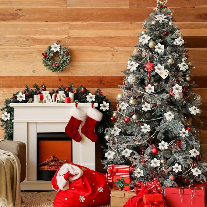 20 Pcs Christmas Glitter Poinsettia Magnolia Flowers Ornaments White Large Heads Artificial Magnolia Flowers for Christmas Tree Xmas Wreath Holiday Wedding Decor