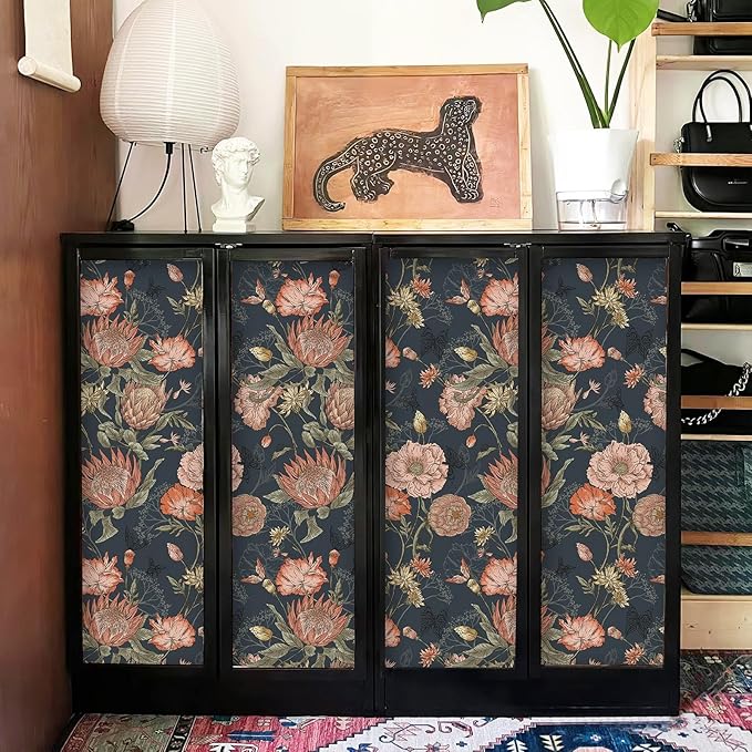 Floral Wallpaper Peel and Stick Floral Contact Paper Dark and Pink Vintage Wall Paper Removable Self Adhesive Vinyl Stick on Wallpaper for Bathroom Bedroom Decor 17.3in x 118in