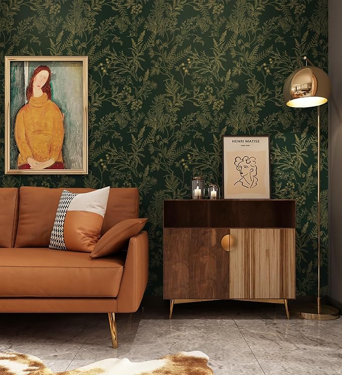 Peel and Stick Wallpaper Dark Green and Gold Floral Wallpaper Vintage Flower and Leaf Contact Paper for Cabinets Self-Adhesive Removable Wallpaper for Bedroom Bathroom Kitchen 394"x17.3"