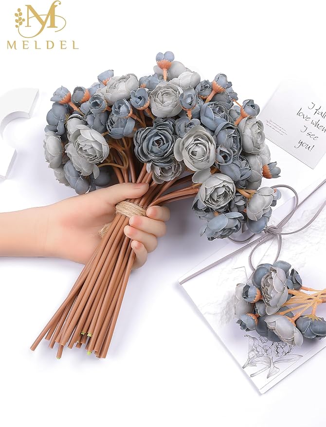 Meldel 32Pcs Ranunculus Artificial Flower, Dusty Blue Mini Rose Faux Ranunculus Flowers for DIY Bouquet, Bulk Fake Peony Wedding Filler Flowers for Centerpieces Arrangements Bridal Shower Decorations