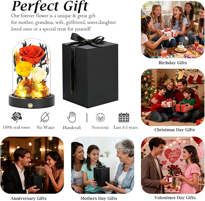 Christmas Flowers Gifts for Women Mom Preserved Roses in Glass Dome, Forever Flowers for Delivery Prime, Real Rose Valentines Day Anniversary Birthday Gifts For Her Mother Wife Grandma Orange