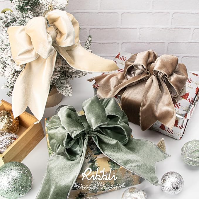 Ribbli Ivory Velvet Wired Ribbon 4 Inch Velvet with Satin Christmas Ribbon for Gift Wrapping Christmas Tree Decoration Crafts Wreaths Supplies-Continuous 10 Yards