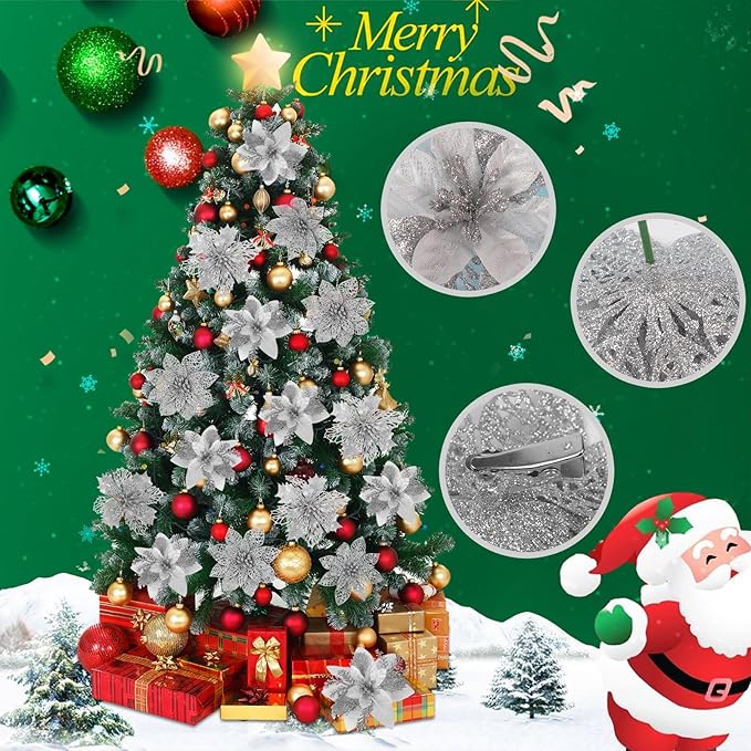 RECUTMS 66 Pcs 3 Styles Silver Christmas Ornaments Christmas Glitter Poinsettia Flowers Artificial Christmas Tree Flower Decorations Wedding Wreath Floral Decorations (Silver)
