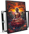 Golden Buddha on lotus seat serene meditation statue amidst lush trees flowing water and sunrise light spiritual home art for a tranquil decor 20x30in Metal blackFramed