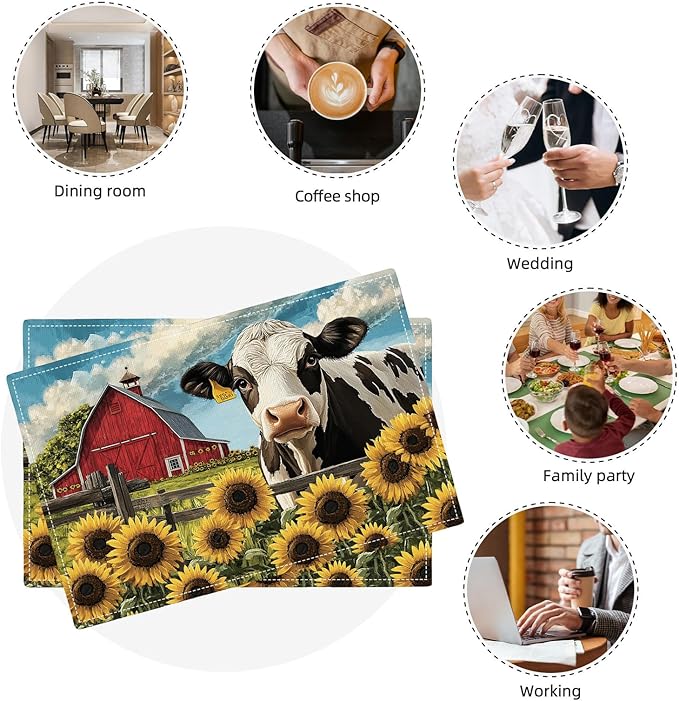 Farmhouse Sunflowers Cow Placemats Set of 6, Country Barn Place Mats, Rustic Flowers Cow Dining Table Mats, Washable Placemats for Kitchen Dining Room Home Decor 18L'' × 12W''