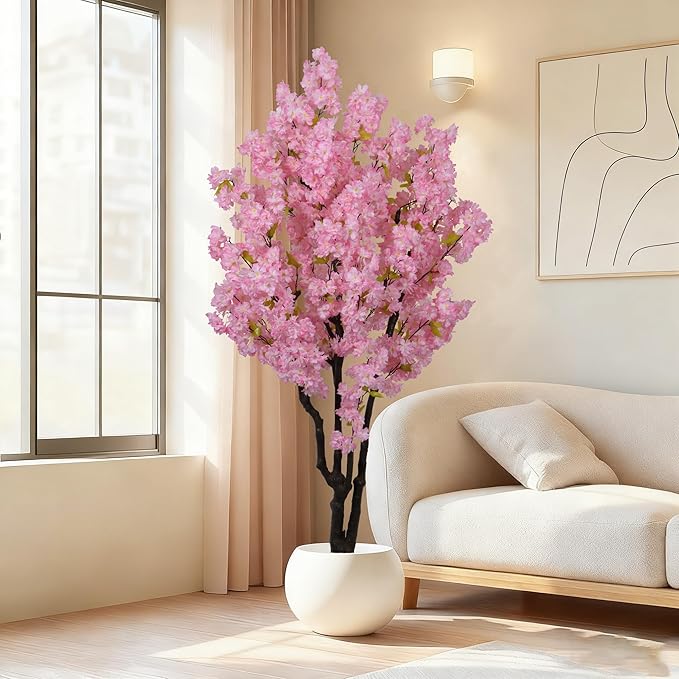 5.9ft Tall Cherry Blossom Artificial Tree, Handmade Light Pink Cherry Tree,Fake Flower Faux Silk Leaves Plant,Artificial Plants for Home Office Indoor Outdoor Party Wedding Christmas Decor