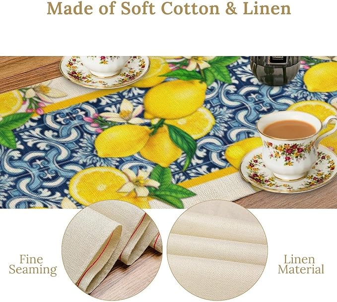 Lemon Table Runner,Summer Blue Tiles Lemons Kitchen Dining Table Decoration Lemons Table Cover for Indoor Outdoor Home Party Decor, 13 x36 Inch