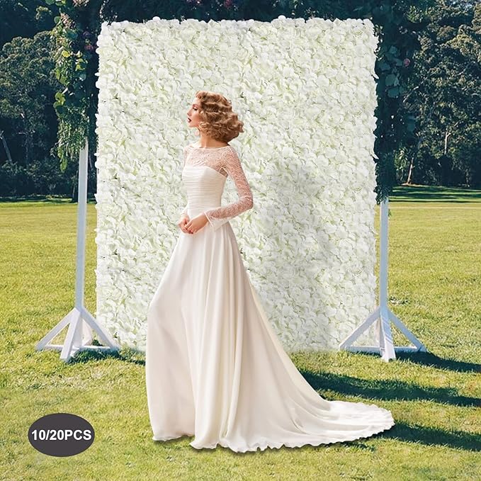 3D Flower Wall Panel, 10pcs Artificial Floral Wall Backdrop, Realistic Silk Flower Backplanes, Roll Up Fake Flower Background for Valentines Wedding Party Photo Arrangement Outdoor Decor(Milky White)