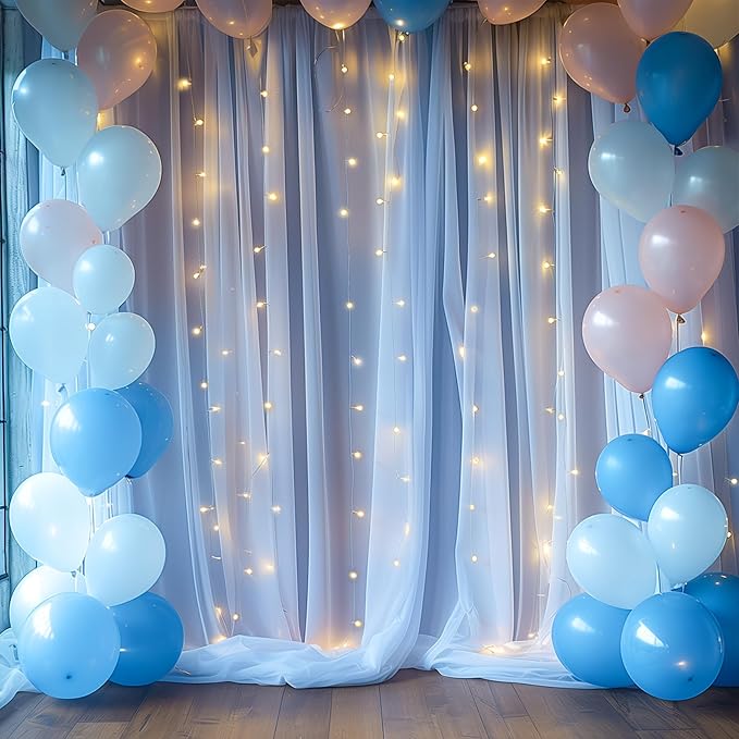 20ft x 10ft Blue Backdrop Curtain with Lights String for Parties, Sheer Tulle Wedding Photo Backdrops Drapes for Baby Shower Birthday Party Decorations Background for Photography