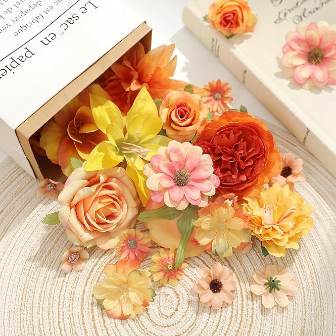 Fake Flower Heads Bulk - Orange Silk Daisy & Rose Fall Artificial Flower for Crafts, DIY, Graduation Cap, Wedding, Party, Cake Topper, Home Garland Decor