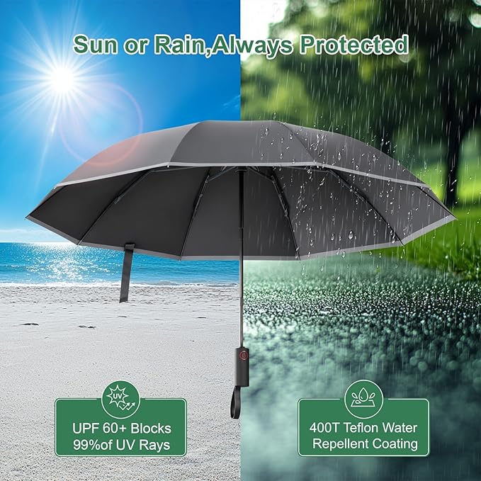 4-in-1 Inverted Travel Umbrella Compact, Automatic Large Umbrellas for Rain & Sun, Portable Windproof Umbrella for Backpack, Reverse Folding Umbrella for UV with Reflective Strips,Lightweight