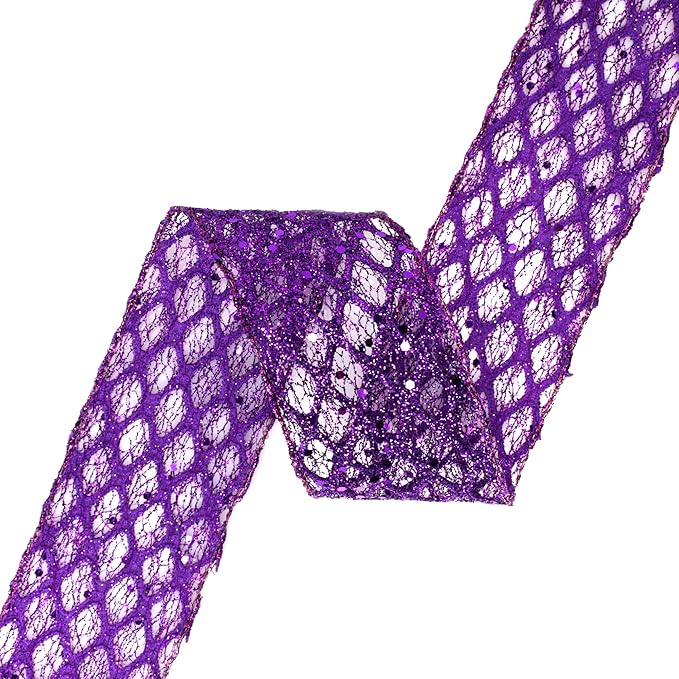 VATIN 2-1/2" Purple Christmas Ribbon, Purple Glitter Mesh Diamond Web Sequin Dots Wired Christmas Ribbon for Gift Wrapping Bow Making Wreath Supply-10 Yards