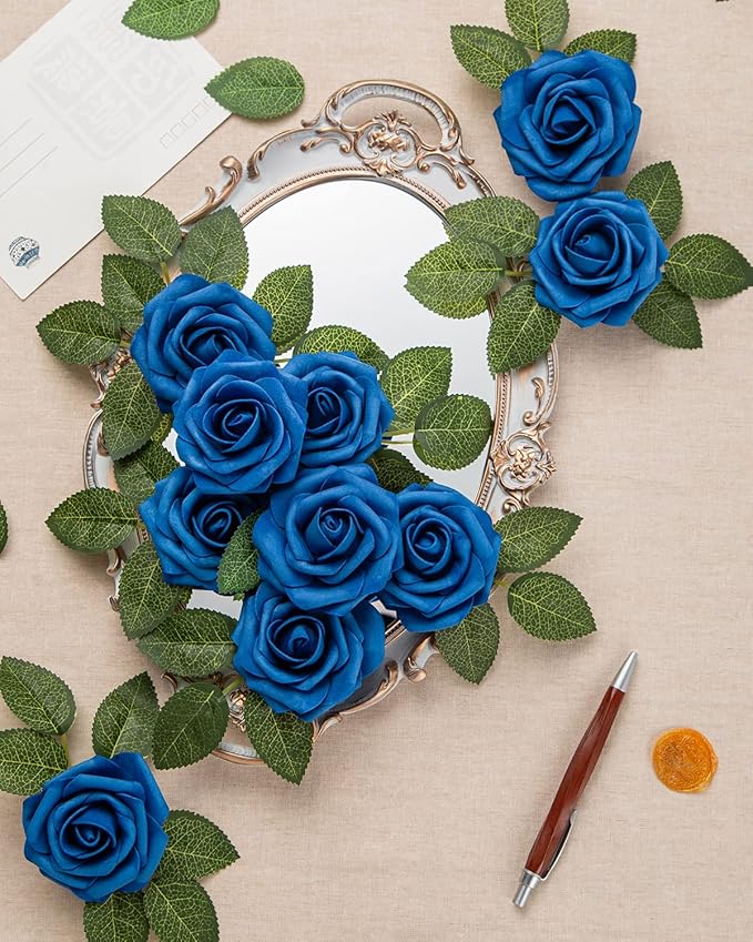 DuHouse 25Pcs Artificial Roses Flowers Fake Roses with Stems Real Touch Foam Flowers for DIY Wedding Bouquet Baby Shower Centerpiece Floral Arrangement Party Home Decor(Royal Blue)
