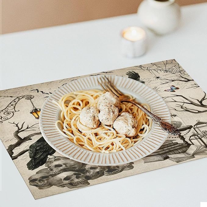 Halloween Skeleton Placemats Vintage Country Gothic Dark Raven Misty Spiderweb Placemats Table Kitchen Dining Party 12x18 Inch Set of 6