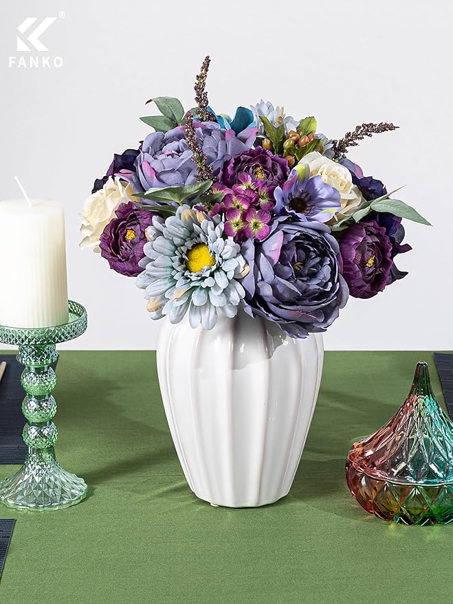 FANKO Artificial Flowers Dusty Purple Peony: Mixed Fake Silk Flowers Combo Light Brown Rose Dusty Purple & Blue Cosmos Vintage for DIY Wedding Bridal Bouquets/Centerpieces/Home Decor