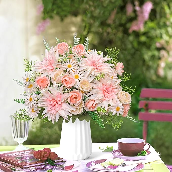 4PCS Artificial Flowers Dahlia Bouquet Fake Flowers Pink Silk Roses Daisies Faux Floral Arrangements for Dining Table Centerpieces for Kitchen Bridal Bouquet Wedding Party Home Decor