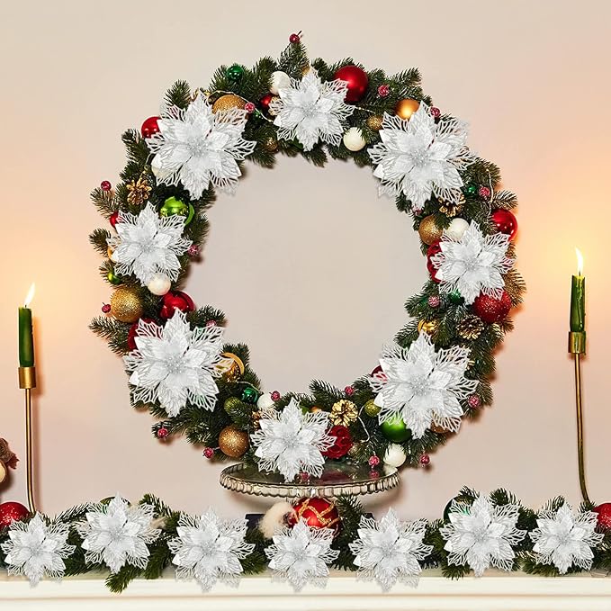Geosar 24 Pieces Christmas Glitter Poinsettia Flowers Layered Artificial Xmas Flowers Wedding Christmas Tree New Year Ornaments 3/4/6 Inch(Silver)
