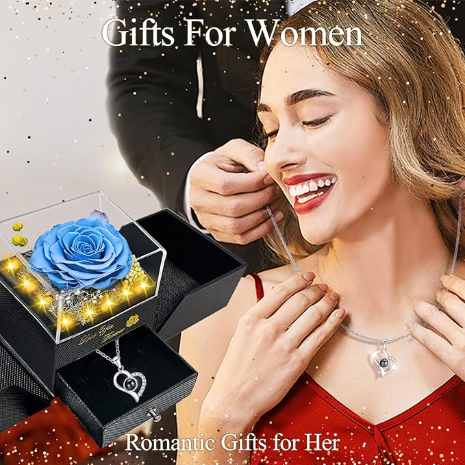 Preserved Real Rose-Eternal Flowers Rose Mothers Day for Mom Women Her Wife Girlfriend on Birthday Valentines with I Love You Necklace 100 Languages Romantic Gift (Light Blue)