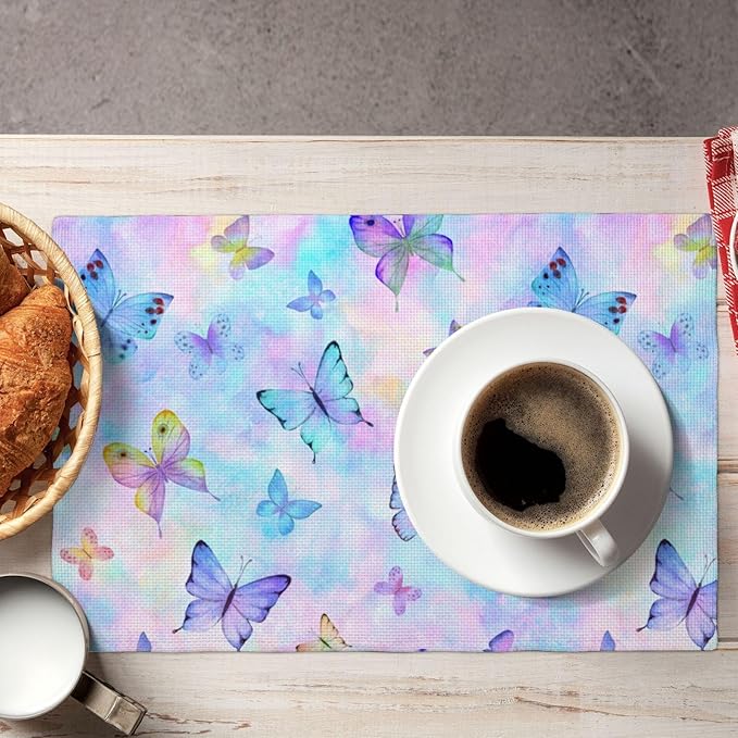 Watercolors Butterfly Placemats Set of 4,Spring Summer Flower Place Mats Washable for Kitchen Dining Table Heat Resistant Decorative Colth Table Mats 4 PCS, Style