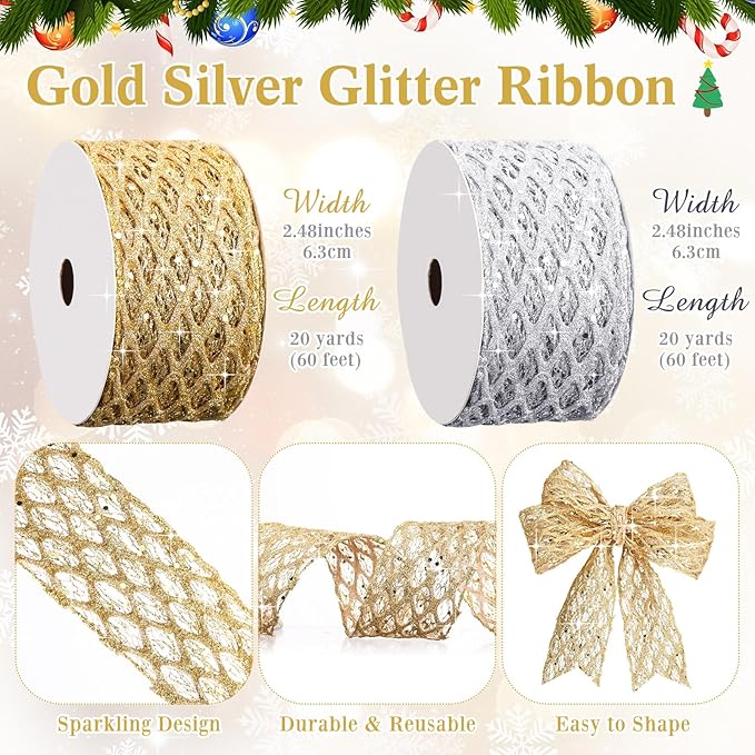 Geosar 20 Yards Gold Silver Glitter Mesh Wired Ribbon for Christmas Tree Decorations, Gift Wrapping, DIY Craft, Xmas Wreaths, Cabinet Decor (2.5 Inch)