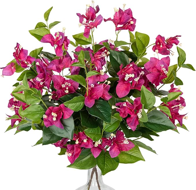 Hollyone 2Pcs Bougainvillea Artificial Flowers Bouquets Red Fake Flower Silk Flowers with Long Stem Floral Arrangements Faux Bougainvillea Flower Plant for DIY Wedding Party Centerpieces Home Decor