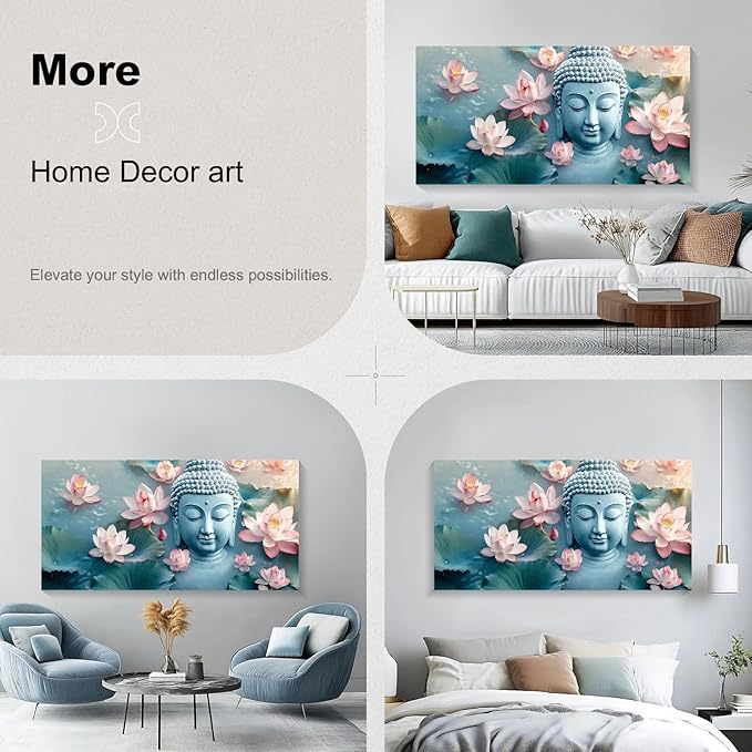 Iallbin Buddha Wall Art & Zen Wall Decor, White Lotus on Water Canvas Painting - for Yoga Meditation Room, Spa & Bathroom, Blue Art Deco Style, 48x24 Inches