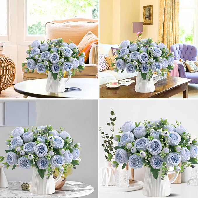 ASTRYAS Blue Artificial Flowers, 3PCS Fake Peony Flower Silk Peonies Faux Flowers Arrangements Table Centerpieces for Wedding Office Party Home Decoration Baby Shower(Light Blue)