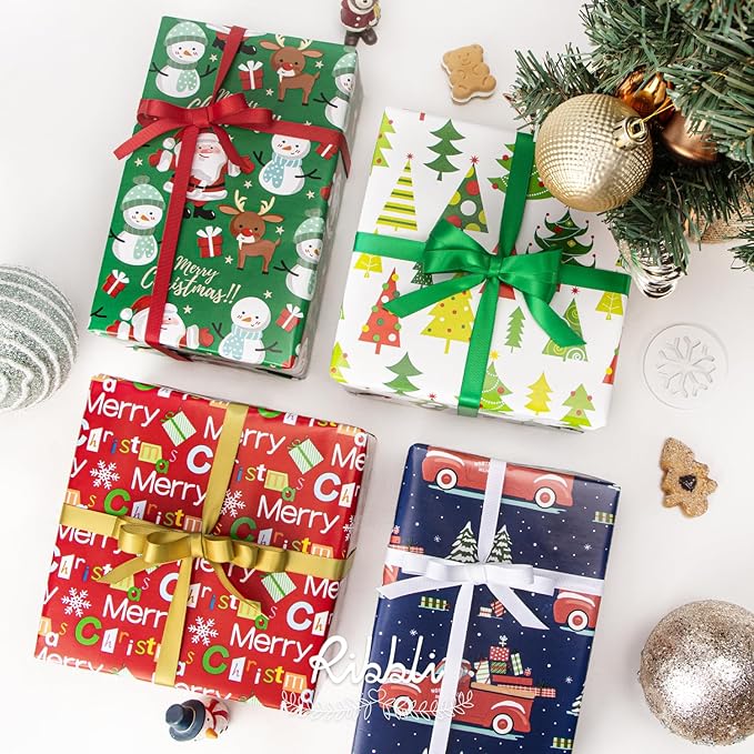 Ribbli Christmas Wrapping Paper 30 Inch Gift Wrapping Paper 4 Rolls Merry Christmas Santa Claus Snowman Tree Printed Assortment -30 Inch x 10 Feet Per roll