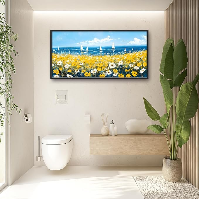 Coastal Flowers Large Wall Art Framed Blue Wall Decor for Living Room Ocean Sailboat Pictures Oversized Canvas Print Painting Modern Extra Large Framed Artwork for Bedroom Office 60"x30"
