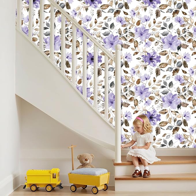 Purple Floral Peel and Stick Wallpaper Modern Contact Paper Waterproof Removable Self Adhesive Botanical Flower Wall Paper for Bathroom Bedroom Cabinets Vinyl Wallpaper 17.7" X 124"