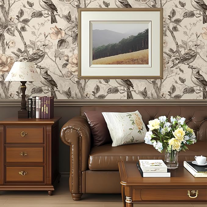 Vintage Animal Peel and Stick Contact Paper Beige Bird Removable Botanical Leaf Tree Wallpaper 17.7" x 236.22" Wall Paper Watercolor Self Adhesive for Classroom Bedroom Laundry Room Bathroom