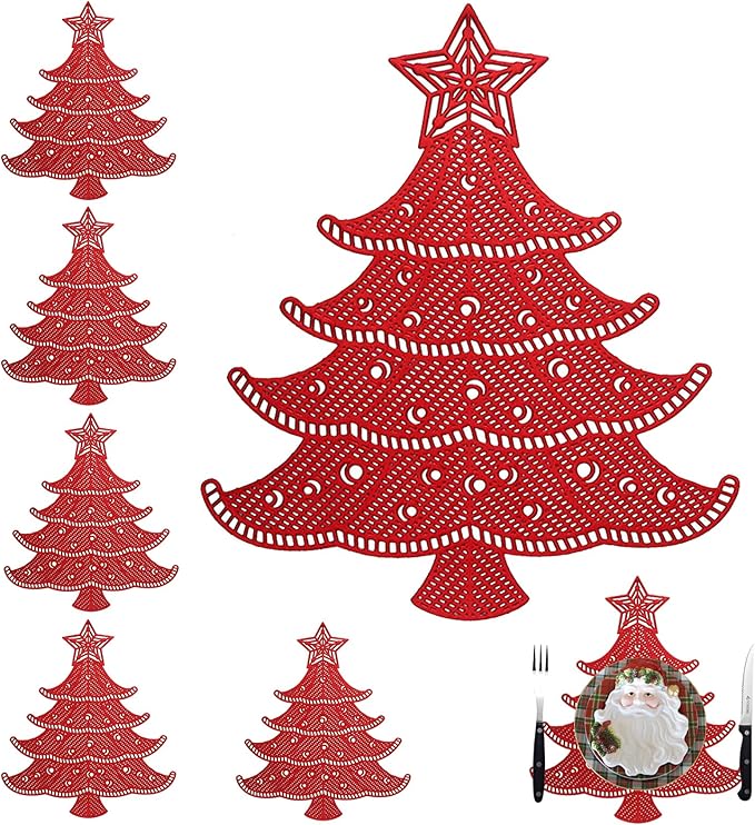 Lot of 6 Christmas Placemats, Placemats Decorations Table Mats Hollow Out Vinyl Place Mats for Dining Table Setting Kitchen Table Mats Christmas Decoration (Red Christmas Tree)