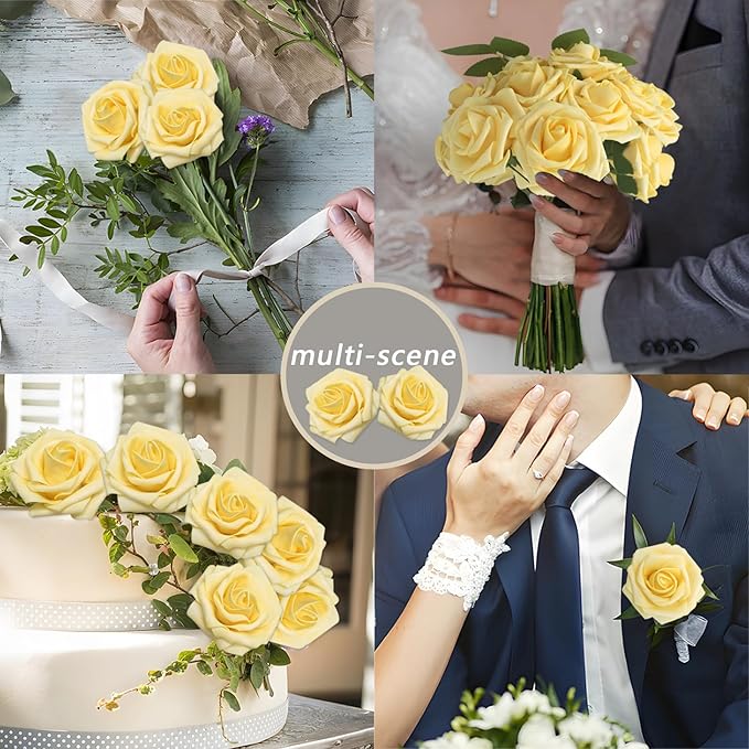 Artificial Flowers Creamy Yellow Roses 200Pcs Real Looking Foam Fake Roses with Leaves for DIY Wedding Bouquets Bridal Shower Party Decorations (Creamy Yellow, 200)