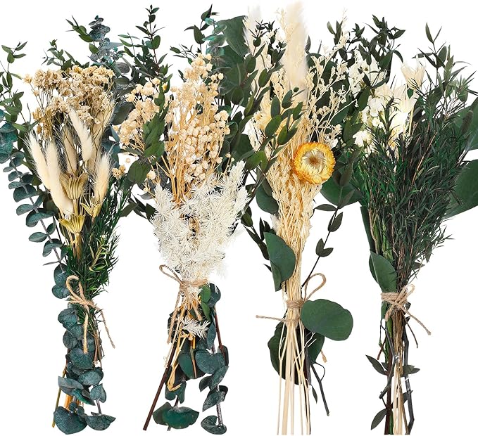 Layhit 4 Pack Large Size Boho Dried Flower Bouquet 15-17 Inch Wedding Handmade Dry Flowers for Vase Crafts DIY Photo Boutonniere for Men Floral Plant for Bridesmaid Gift Birthday Decor(Eucalyptus)