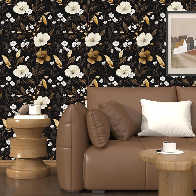 Black Gold Floral Wallpaper Peel and Stick 17.4" X 118" Golden Leaf Small Flower Contact Paper Floral Pattern Removable Self Adhesive Covering for Bedroom Cabinet Bathroom Home Decor Black Dark