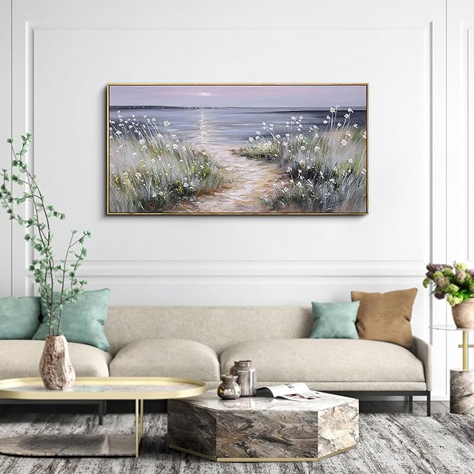 KLAKLA Bedroom Decor Wall Art Blue Beach Picture Ocean Theme Flower Canvas Print Modern Coastal Seascape Painting Framed Seaside Artwork Floral Daisy for Home Sea Lake Living Room 20x40 Inch