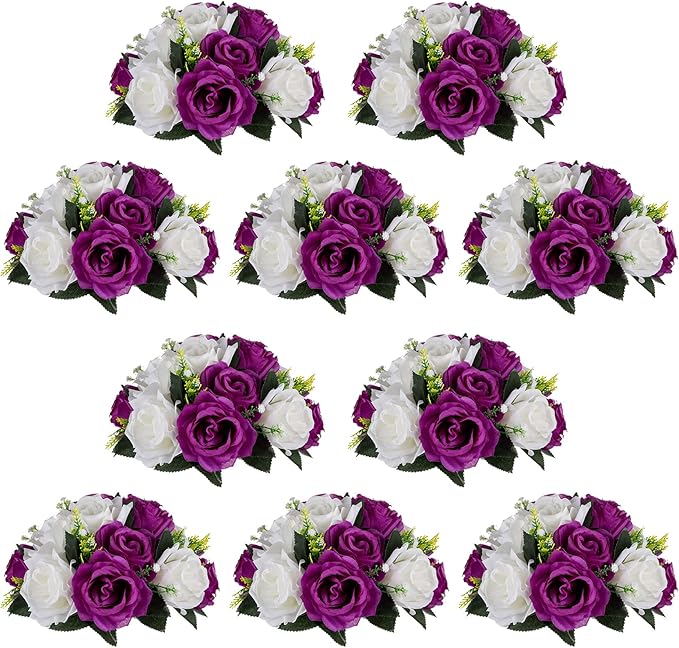 NUPTIO Flower Centerpieces for Wedding Tables: 10 Pcs Purple & White Artificial Flower Ball Arrangement for Christmas Thanksgiving Party - Fake Floral Rose for Bridal Shower Decor