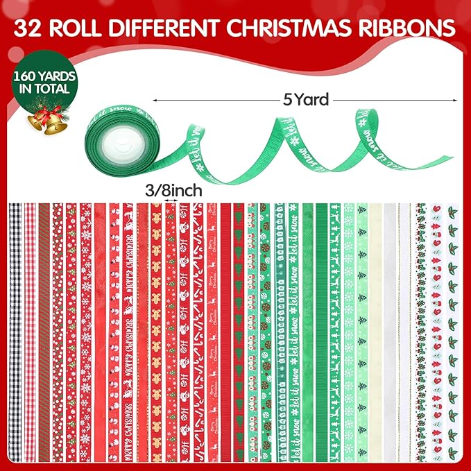 Solsew 32 Rolls 160 Yards Christmas Ribbon for Gift Wrapping 3/8 Inch Holiday Grosgrain Thin Ribbons for Crafts DIY Xmas Satin Decorations for Christmas Tree Gift Bows Scrapbooking Xmas Party Decor