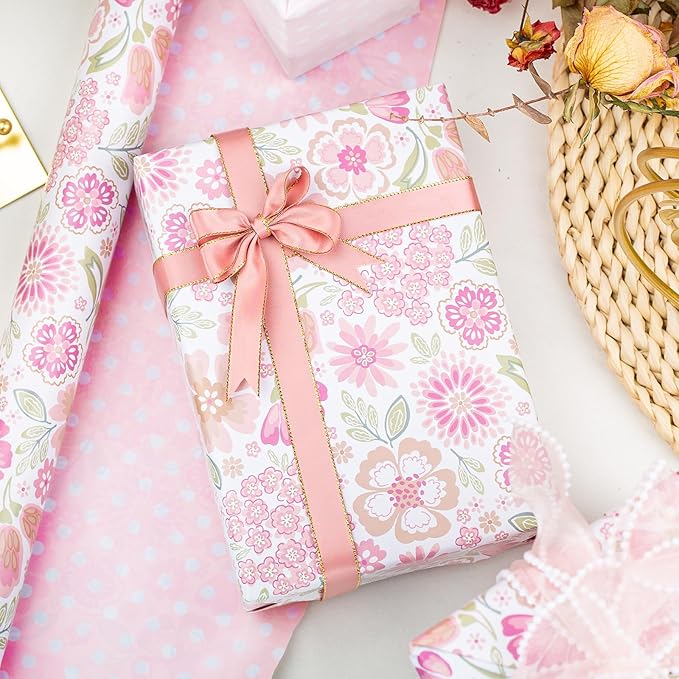 MAYPLUSS Pink Gift Wrapping Paper, Reversible Mother's Day Wrapping Paper, Romantic Pink Floral Premium Girl Gift Wrap Paper for Wedding, Bridal Shower, Valentine's Day, Birthday, (17Inch X 33Feet)