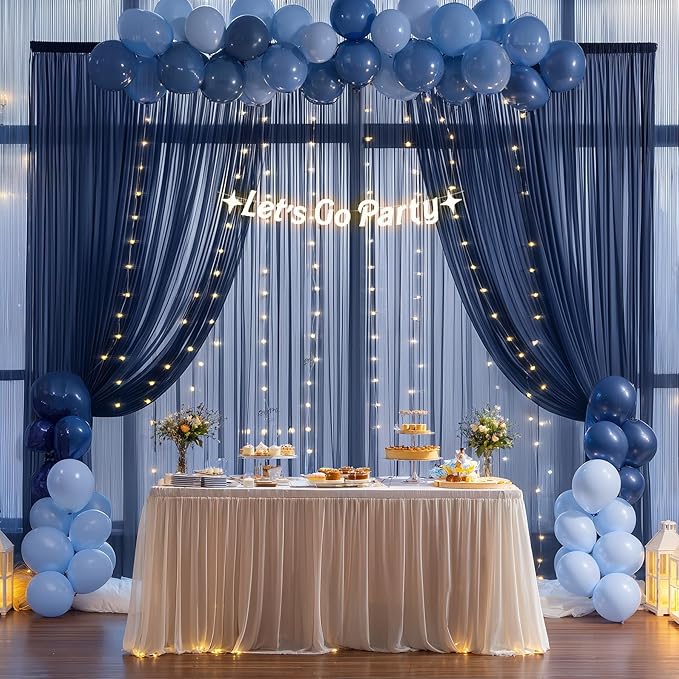 10x10ft Navy Blue Tulle Backdrop Curtain with Lights String for Parites, Sheer Backdrop Curtains for Wedding Baby Shower Birthday Party Photo Shoot Decorations