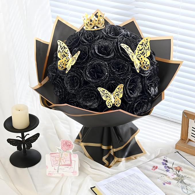 Waipfaru Glitter Roses Bouquet, DIY Fake Flowers Bouquet, Birthday Gifts for Women Mom, 24 Pcs Black Rose for Grandma Wife Girlfriend Valentines, Mothers Day, Anniversary, Graduation