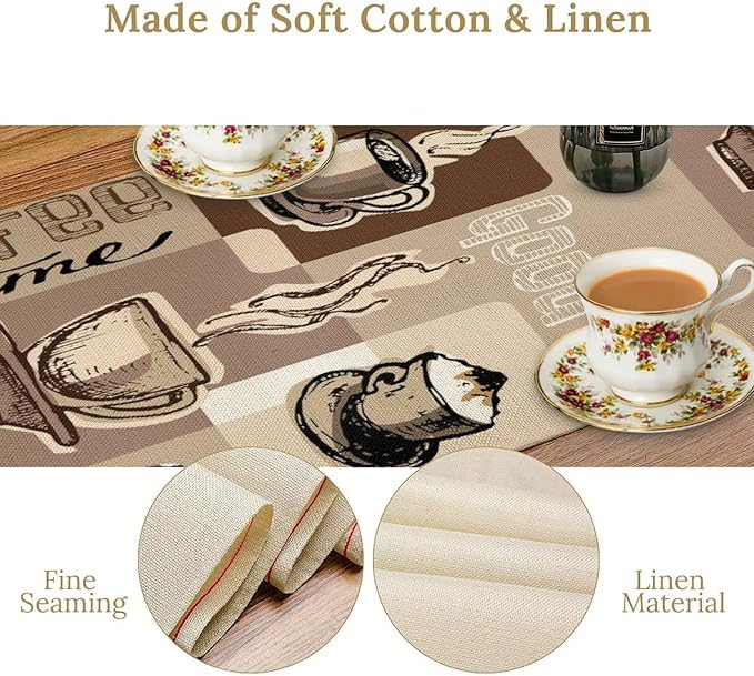 Coffee Table Runner,Vintage Style Coffee Cup Bean Abstract Theme Pattern Print Tablecloth Burlap for Hotel Indoors Outdoor Dining Room Kitchen Table Decor, 13x60in