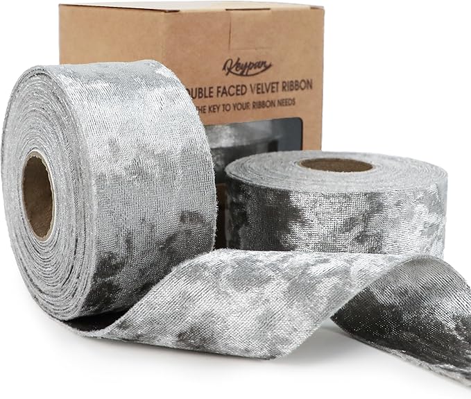 Velvet Silver Ribbon 1-1/2 inch Wide Double-Sided Glossy Fabric Ribbons for Christmas Tree Decor Gift Wrapping Flower Bouquet DIY Crafts 10Yd