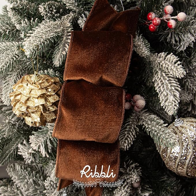 Ribbli Brown Velvet Wired Ribbon 4 Inch Velvet with Satin Christmas Ribbon for Gift Wrapping Christmas Tree Decoration Crafts Wreaths Supplies-Continuous 10 Yards
