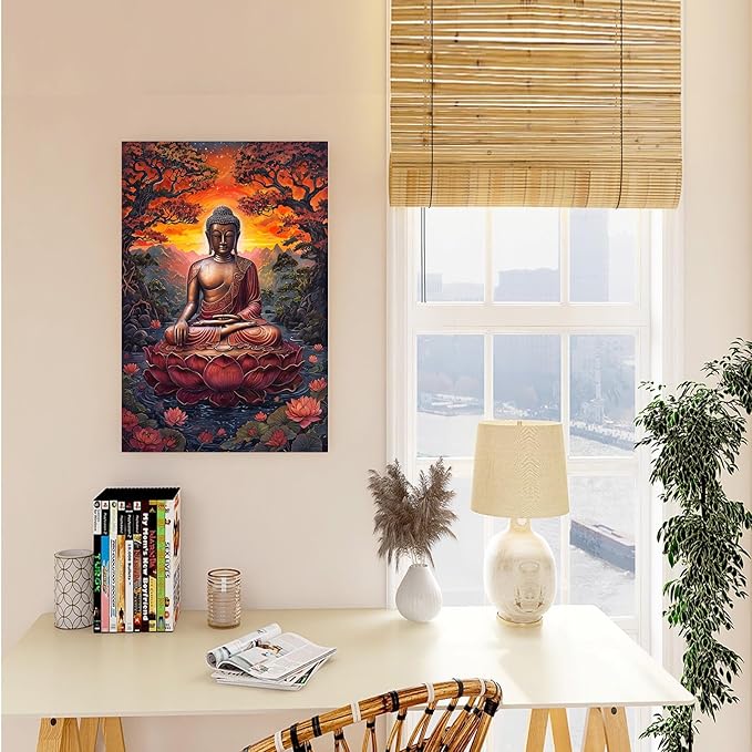 Golden Buddha on lotus seat serene meditation statue amidst lush trees flowing water and sunrise light spiritual home art for a tranquil decor 32x48in Frameless