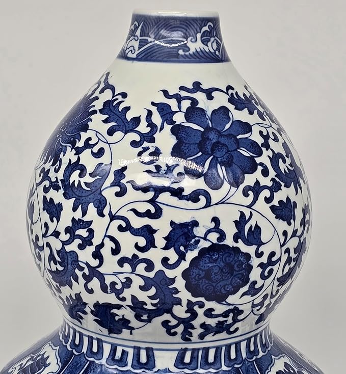 17" Classic Blue and White Porcelain Gourd-Shaped Vase, China Ming Style, Happiness, Good Fortune, Fengshui, Jingdezhen, Free Wood Base
