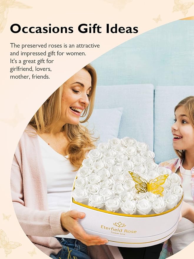Eterfield 47 Forever Flowers in Heart Shape Box, Preserved Roses That Last a Year Preserved Flowers Birthday Gifts for Her Mom Women Wife Anniversary Valentines Day Mothers Day Christmas, White