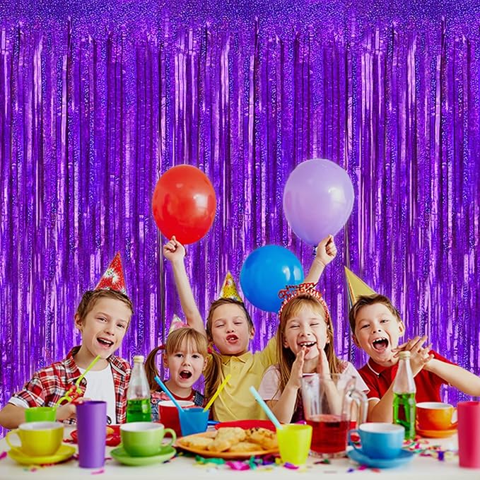 4 Pack Purple Tinsel Foil Fringe Curtain Backdrop, 3.28Ft x 8.2Ft Metallic Streamers for Photo Booth Props Wedding Bridal Shower Bachelorette Birthday New Years Christmas Party Decoration